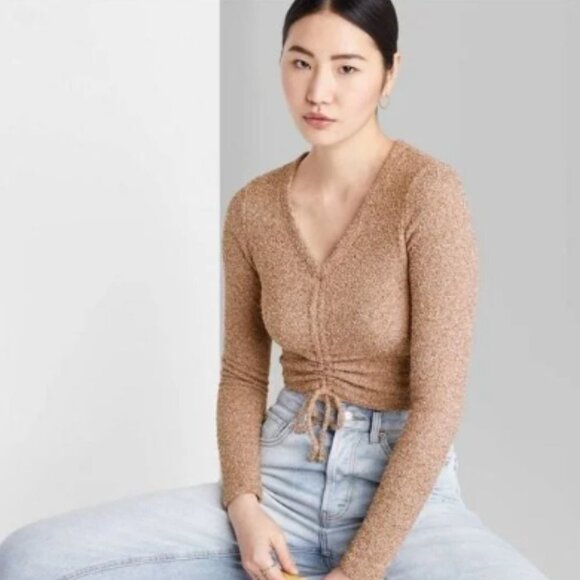 Wild Fable Sweater Ruched V Neck Cropped Long Sleeve Fuzzy Womens Size XS - Picture 1 of 6